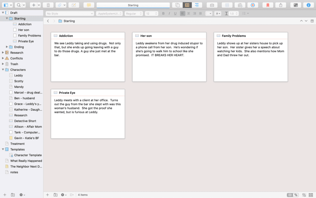 note card view in scrivener writing app