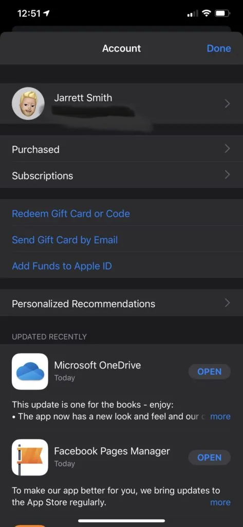 iOS 13 account details and update list