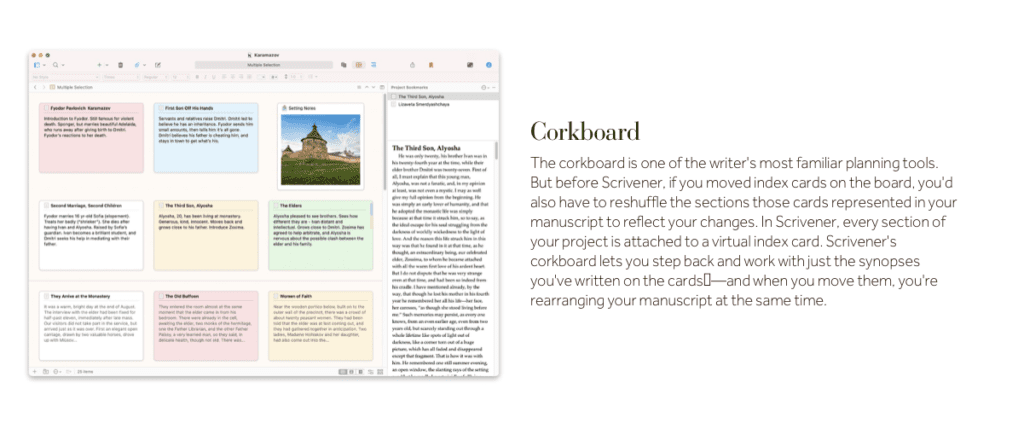 a board with colored cards, pictures, and text. This is the Scrivener Corkboard that I use to plot my story outline