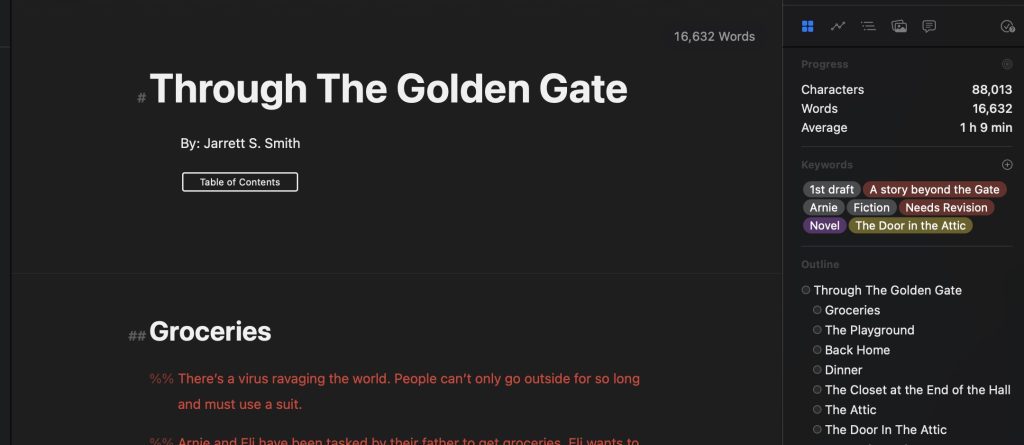 Screenshot of a writing application with a dark theme. The document title is "Through The Golden Gate" by Jarrett S. Smith, with a "Table of Contents" button below. The word count is 16,632. A section titled "Groceries" is visible, describing a virus requiring suits for outdoor activities. The progress sidebar shows 88,013 characters, 16,632 words, and an average writing time of 1 hour and 9 minutes. Keywords include "1st draft," "Arnie," "Fiction," "Needs Revision," "Novel," and "The Door in the Attic." An outline lists chapters like "Through The Golden Gate," "Groceries," "Back Home," "Dinner," "The Closet at the End of the Hall," "The Attic," and "The Door In The Attic."