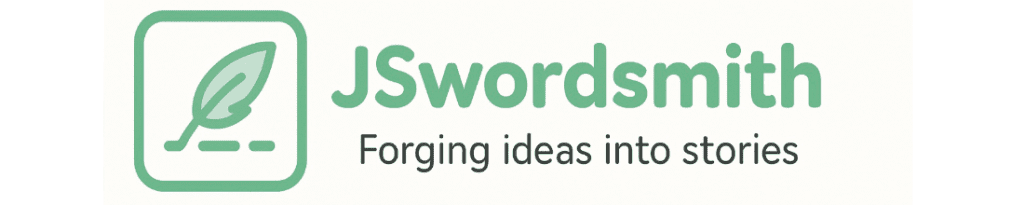 A logo with a green leaf inside a rounded square and the text "JSWordsmith Forging ideas into stories" in green and black.