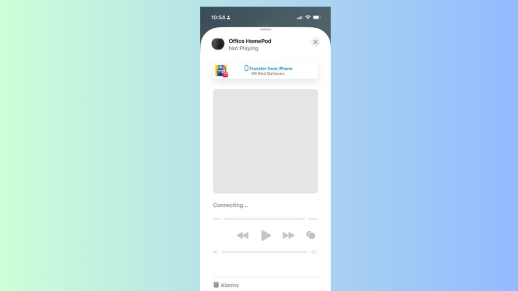 Screenshot of a music app interface on a smartphone. The top section shows the device name "Office HomePod" and indicates "Not Playing." Below, there's an album cover placeholder with the text "Transfer from iPhone" and the song title "Red Balloons" by Nena. A "Connecting..." message is displayed beneath the album cover. The bottom section features a media player with a play button, a progress bar, and a backward skip button. Handoff is an Apple Music feature I wish Apple would add