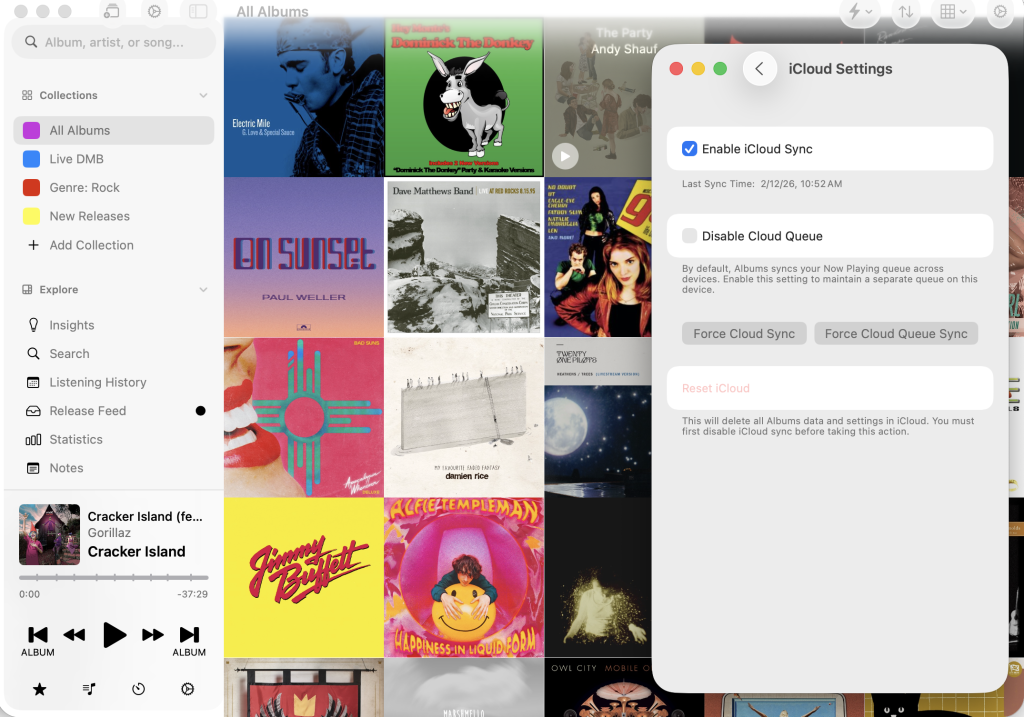 Screenshot of a music library application with album covers and iCloud settings showing iCloud Sync, one of the Apple Music features I wish would come to Apple Music