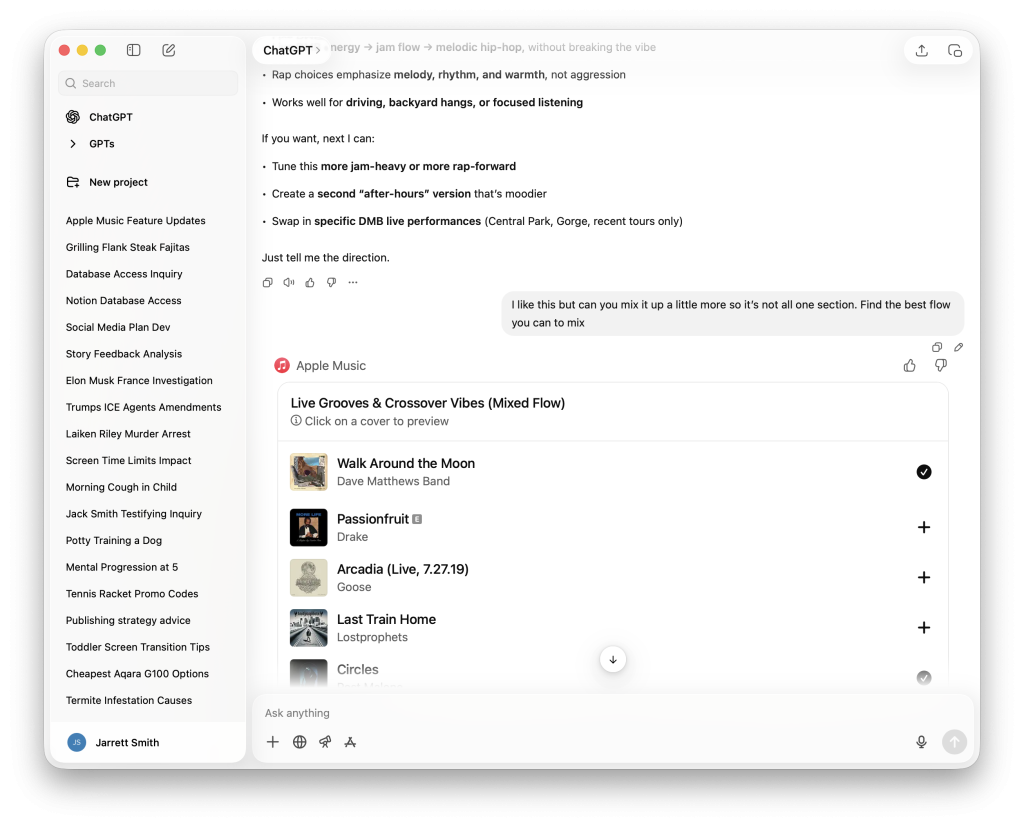 Screenshot of a computer screen displaying a chat interface and a music playlist created by AI