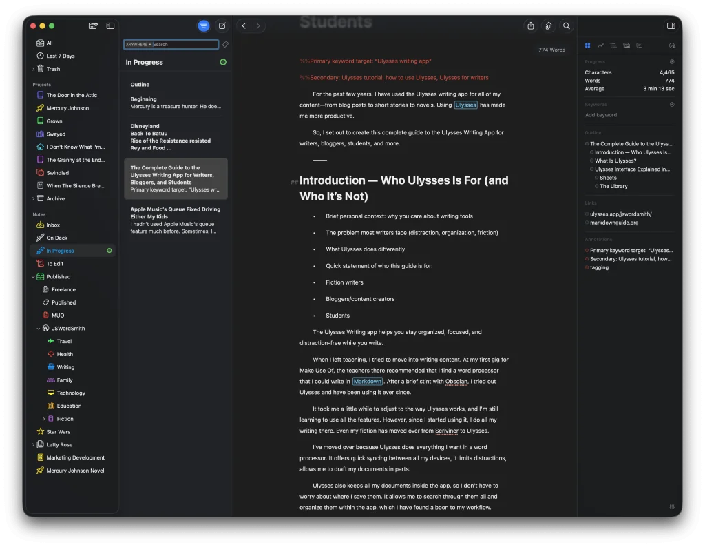 The Complete Guide to the Ulysses Writing App for Writers, Bloggers, and Students 2 Screenshot of a note-taking app with a project titled "Ulysses writing app" and an outline section.