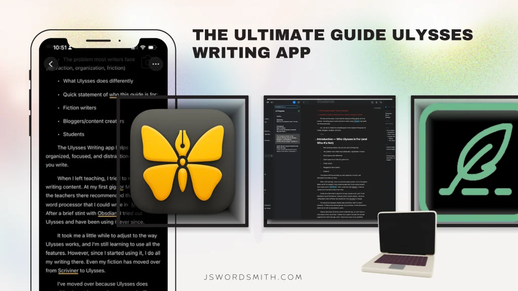 Promotional image for Ulysses writing app featuring smartphone, laptop, and desktop screens.