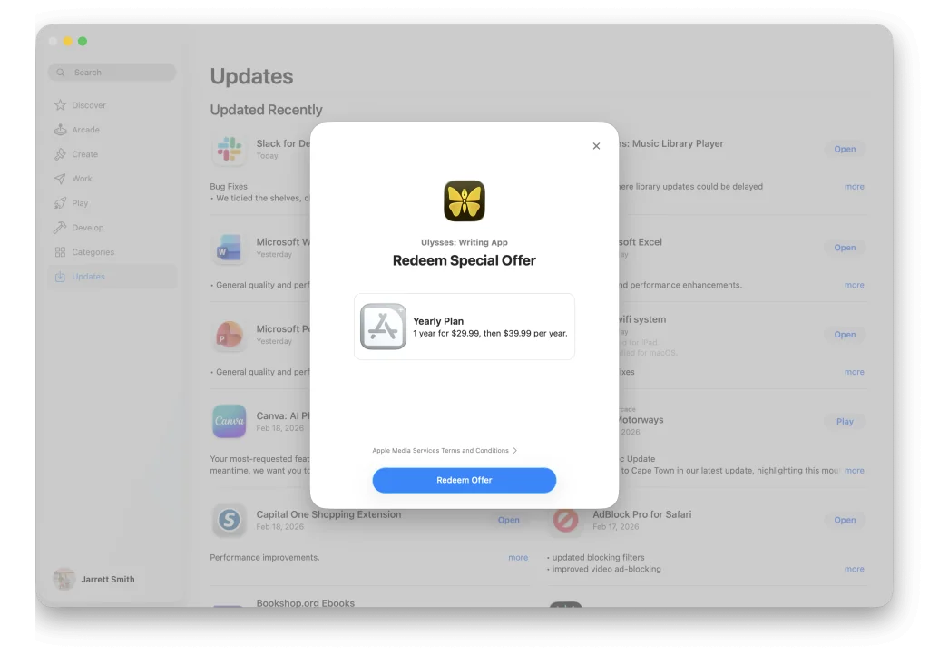 The Complete Guide to the Ulysses Writing App for Writers, Bloggers, and Students 4 Mac screen showing app update list with pop-up for "Ulysses: Writing App" special offer.