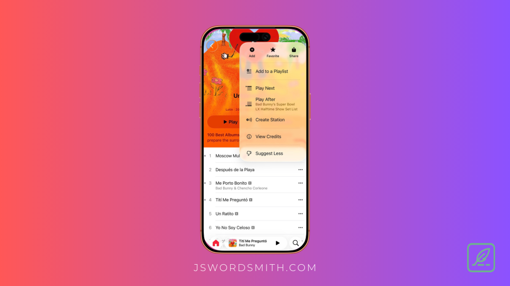 Screenshot of a music app on a smartphone. The screen displays a playlist titled "100 Best Albums prepare the surro." with a list of songs including "Moscow Mui," "Después de la Playa," and "Me Porto Bonito." Options for adding to a playlist, playing next, and creating a station are visible. The background is a gradient of pink and purple.
This is an Apple Music Up Next feature