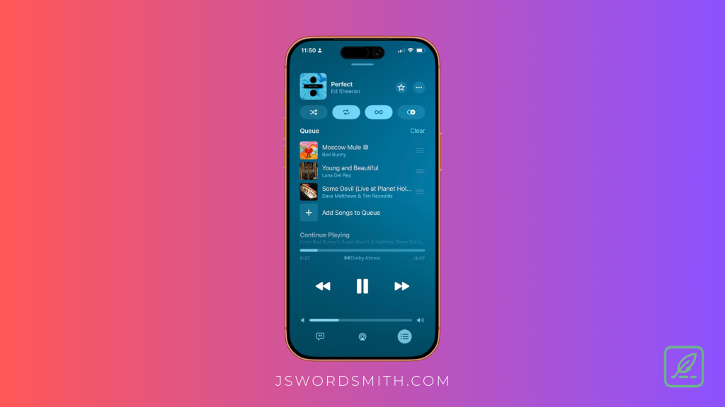 Smartphone screenshot of a music player app with a blue background. The screen displays a song currently playing, "Perfect" by Ed Sheeran, with options to shuffle, repeat, and like the track. Below, a queue lists additional songs: "Moscow Mule" by Bad Bunny, "Young and Beautiful" by Lana Del Rey, and "Some Devil (Live at Planet Hollywood)" by Dave Matthews & Tim Reynolds. An option to add more songs to the queue is also visible. The playback controls include play, pause, skip, and volume adjustments. The time elapsed is 0:37 out of a total of 3:47. The time on the phone is 11:50, and the status icons indicate Wi-Fi and battery status.
