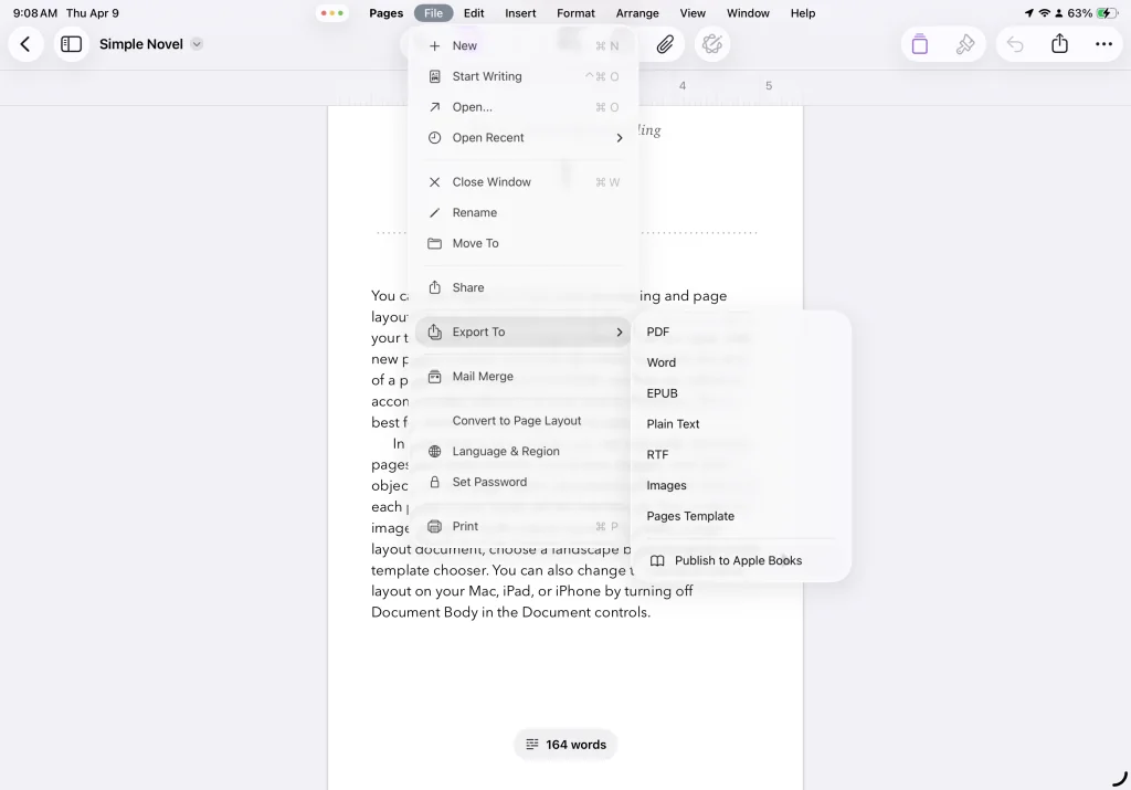 Screenshot of a word processing app menu with export options like PDF and Word.