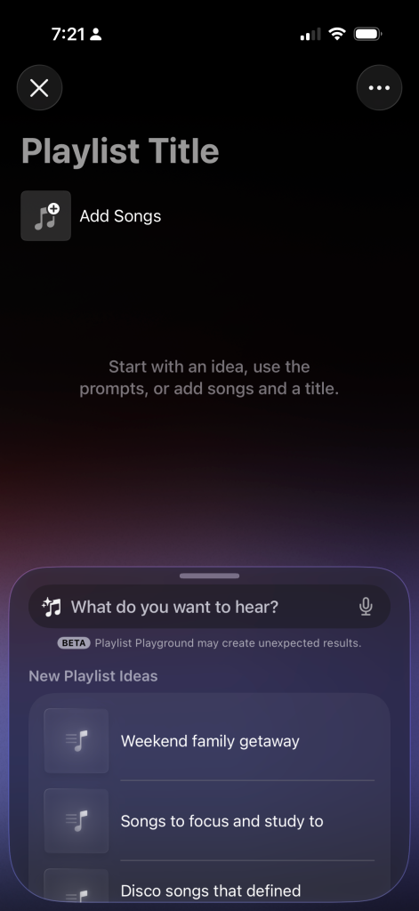Screenshot of music app interface with playlist playground creation prompts and song suggestions.