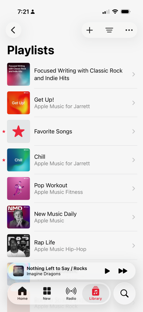 Screenshot of a music app playlist screen with various playlists and navigation icons.