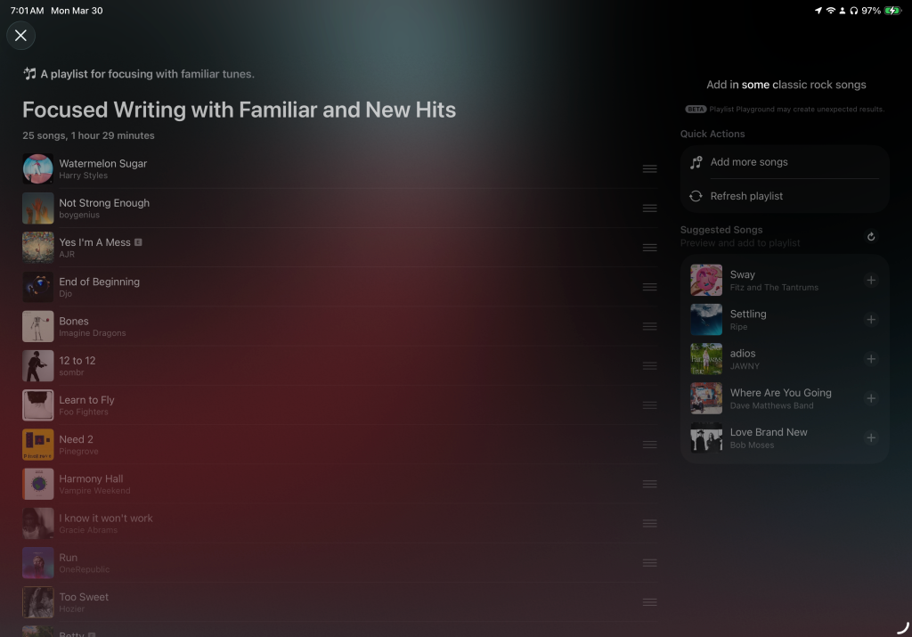 Screenshot of a music playlist titled "Focused Writing with Familiar and New Hits" on a dark interface.