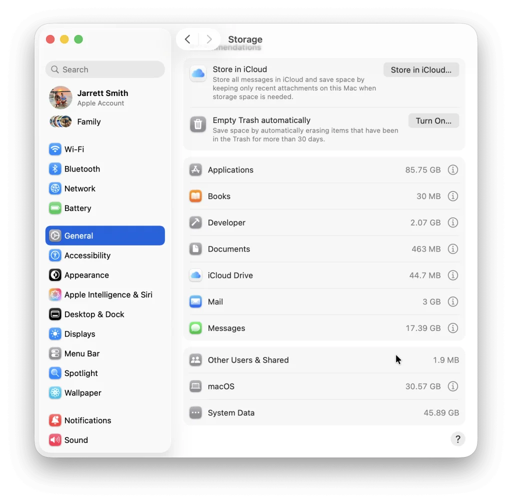 MacBook Air Storage Full - Here's How I Fixed It 2 MacOS storage settings window showing iCloud options and usage breakdown. The place to start when you get MacBook Air Storage full errors