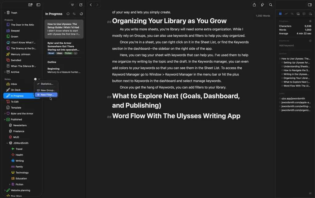 Ulysses app showing how to use Ulysses filters and groups in the library sidebar, with the New Filter option highlighted in the context menu