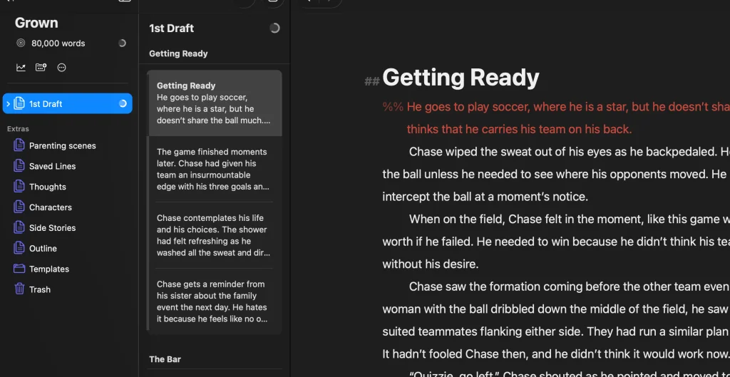 Ulysses app project view showing a novel in progress with the library sidebar, sheet list, and editor panel — demonstrating how to use Ulysses for long-form writing