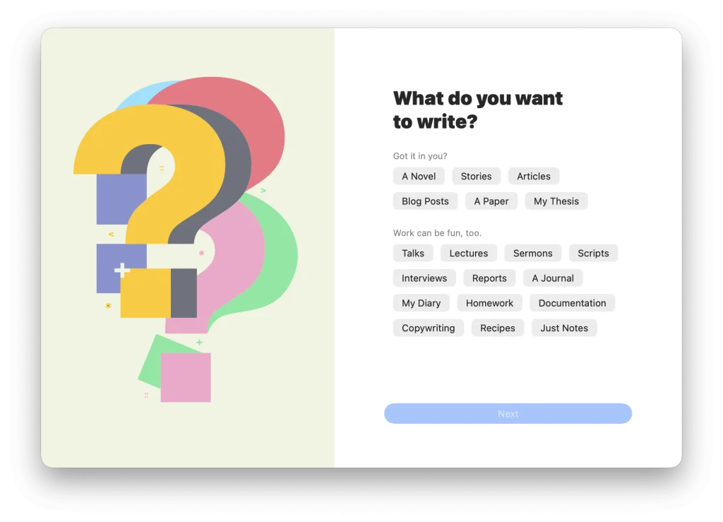 Ulysses app onboarding screen asking "What do you want to write?" with options including a novel, blog posts, stories, and more