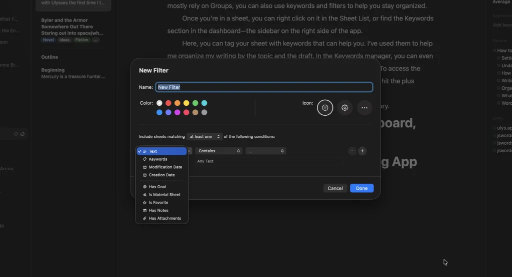 Ulysses app New Filter dialog showing filter conditions including keywords, modification date, creation date, and other options for organizing sheets