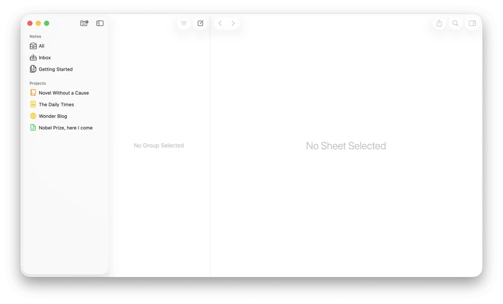 Ulysses app library showing the three-panel layout with groups in the left sidebar, an empty sheet list in the center, and the blank editor on the right