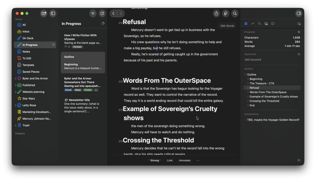 Writing fiction with Ulysses: A look at the app's distraction-free editor and built-in outline tools for drafting a story.