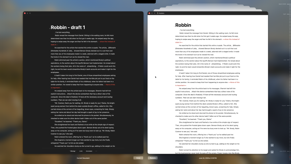 a screenshot of the Ulysses app displaying two versions of a document titled "Robbin," comparing a draft on the left with a revised version on the right.
