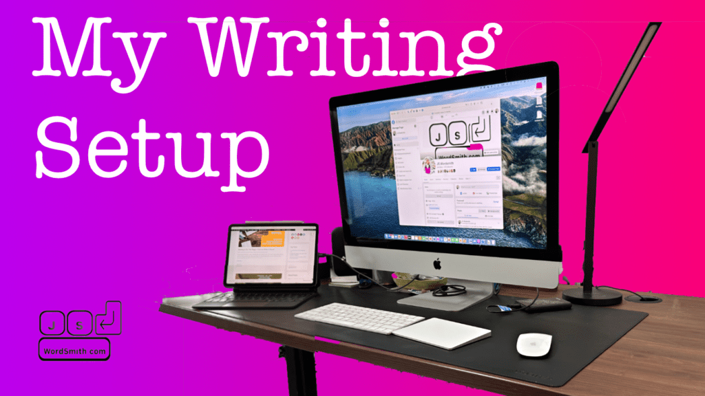 My Current Writing Setup for 2024 - My Work-From-Home Setup 6 Text: My Writing setup on a purple and pink gradient background. An iMac, and iPad Pro rest on a desk