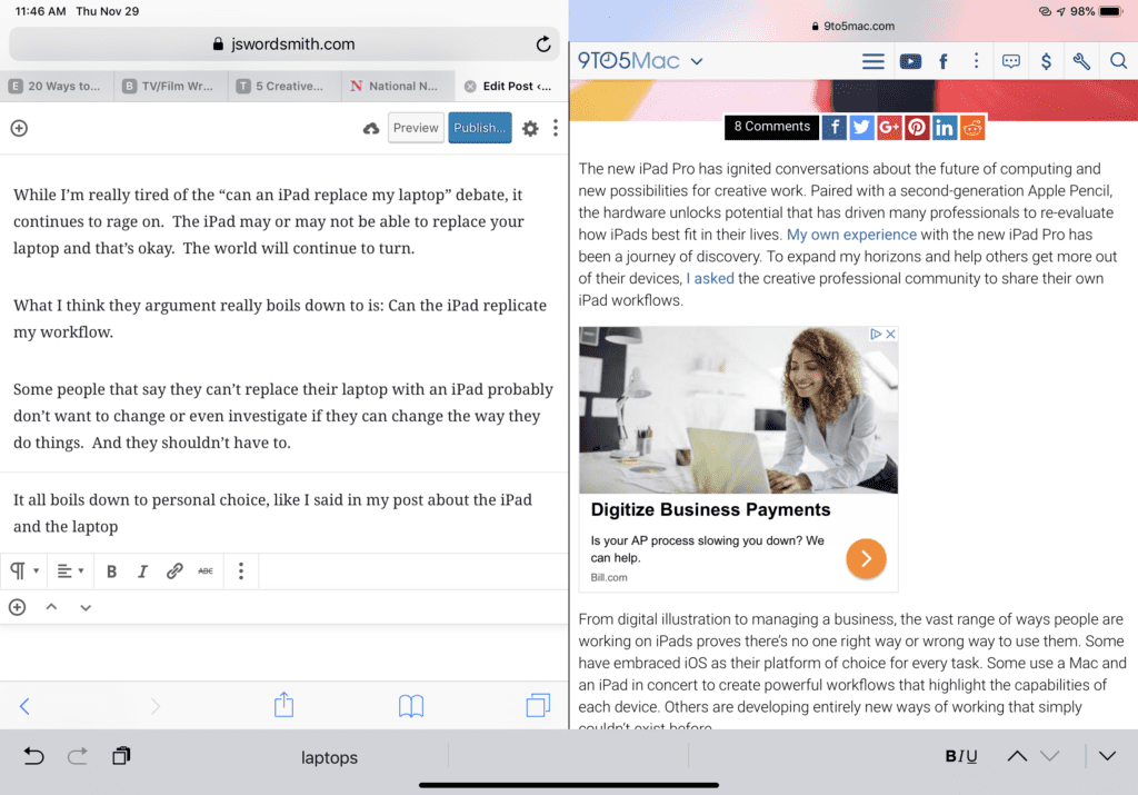 iPad Workflows and the future of computing 3 Split screen Safari for professional writing
