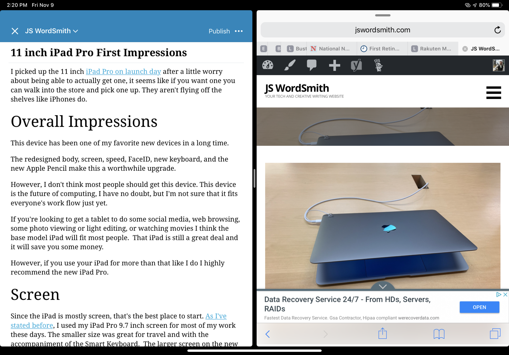 Split screen on 11 iPad Pro