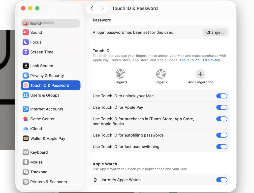 Unlock Your Mac with Apple Watch Automatically 3 Screenshot of a computer settings window titled "Touch ID & Password." The left sidebar lists options like Sound, Focus, Screen Time, and others. The main section shows options to use Touch ID for unlocking the Mac, Apple Pay, iTunes Store purchases, autofilling passwords, and fast user switching. There are also options to use Apple Watch for unlocking. Fingerprint icons and toggle switches are visible.