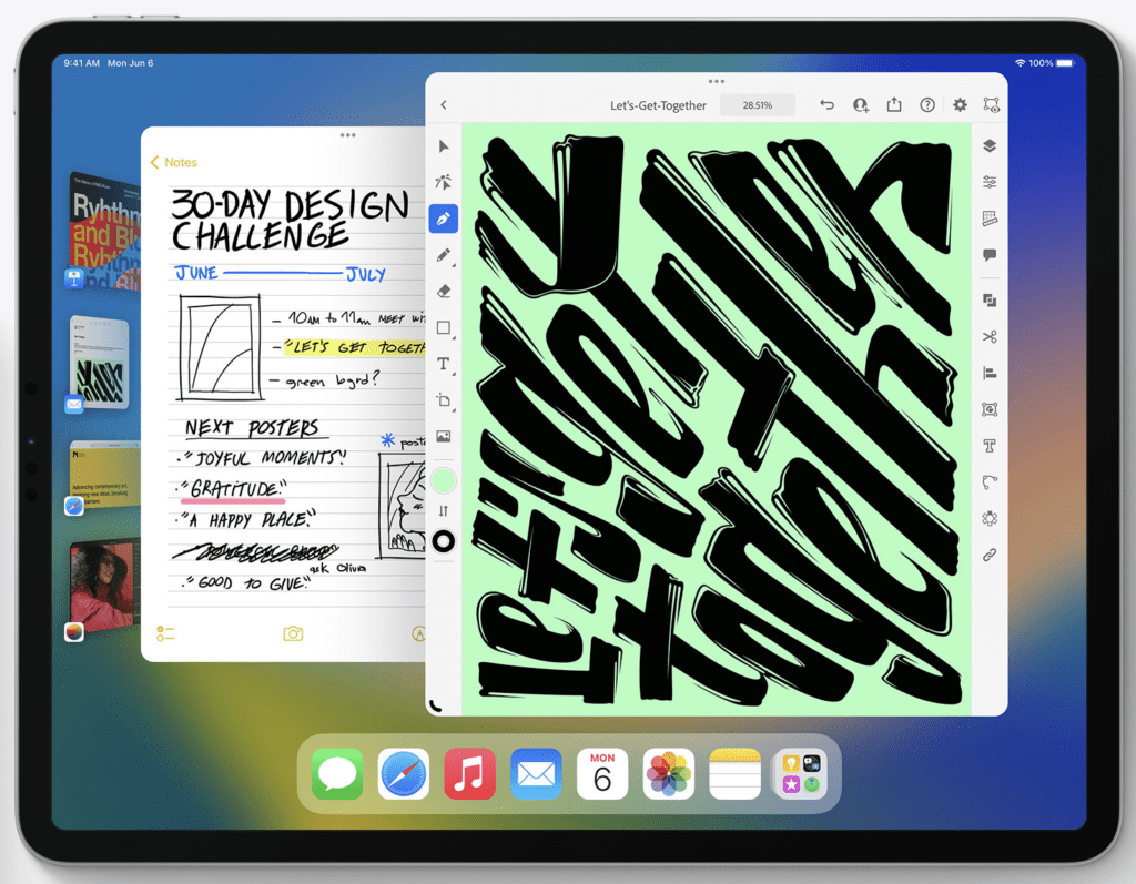 WWDC 2022: It's All Coming Together Smoothly 4 The Notes app and procreate opened on an iPad using Stage Manager during WWDC 2022