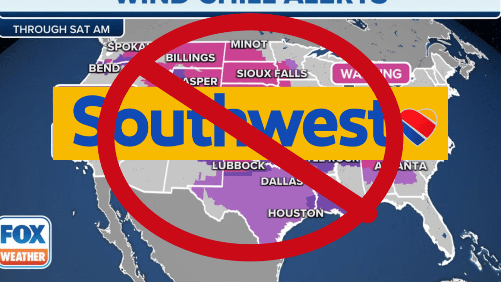 Home for the Holidays | The Southwest Meltdown | Part 1 4 A bomb cyclone over America with the Southwest Logo on top. A red circle with a line through rests of that, indicating canceled.