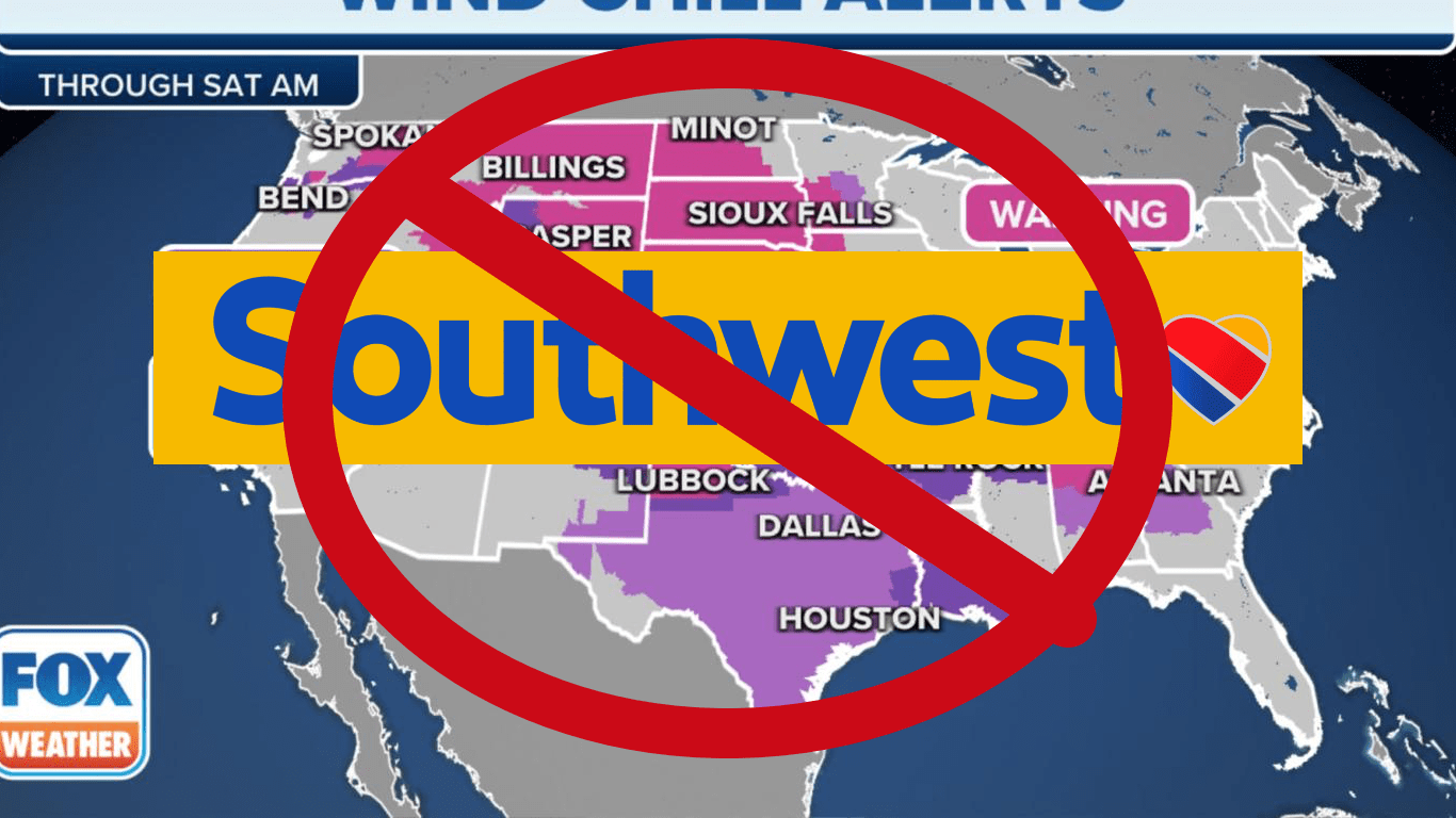 A bomb cyclone over America with the Southwest Logo on top. A red circle with a line through rests of that, indicating canceled.