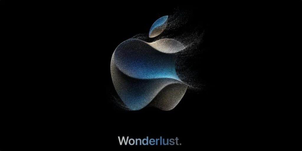 Reactions to the iPhone 15 Event - Wonderlust 9 Apple's iPhone 15 Event invitation, Wonderlust. The Apple logo on a black background.