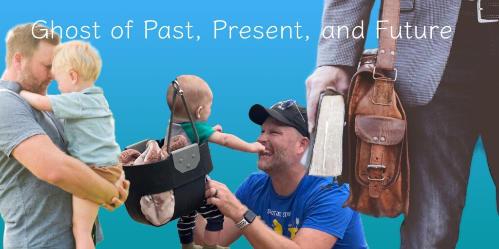 The Ghost of Past, Present, and Future at JS Wordsmith 4 a collage of a man holding his son, the same man pushing a kid on a swing, and a man dressed as a teacher holding a book