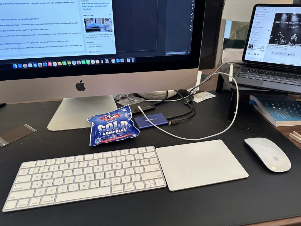 My Vasectomy Recovery and Post-Op Thoughts 4 a desk with computers and an ice pack