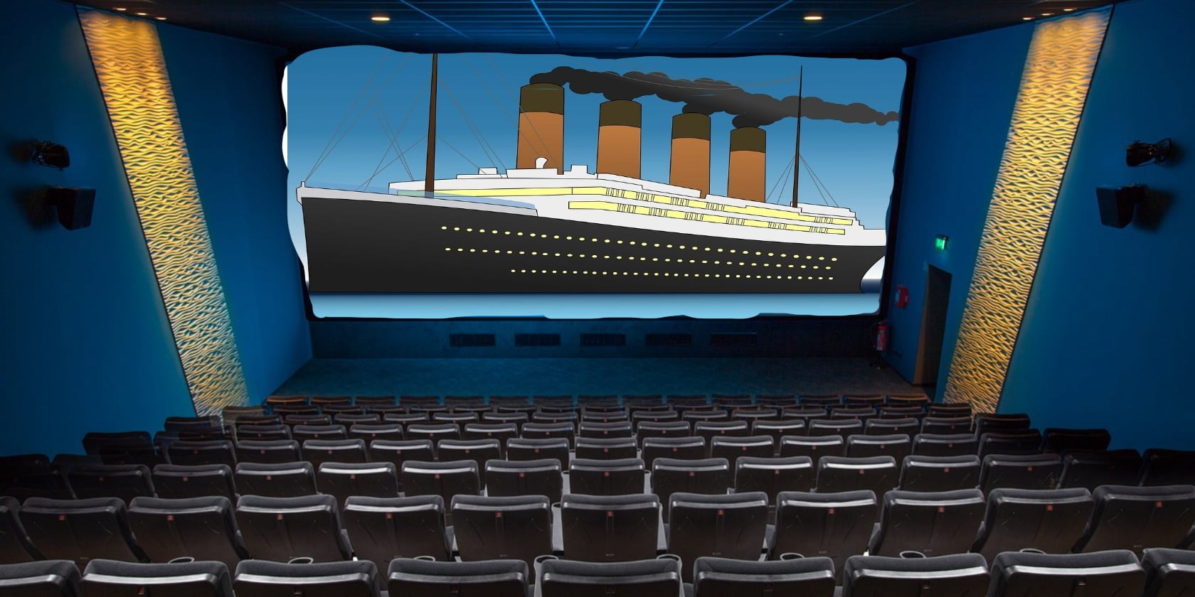 A boat on a movie screen inside an empty Theater