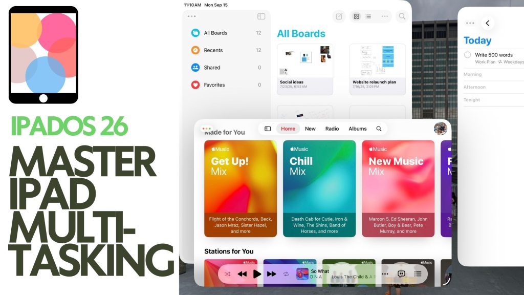 Mastering iPadOS 26 Multitasking: Ultimate Guide to Window Management 6 Screenshot showing new windowing features in iPadOS 26, with multiple overlapping app windows displayed on an iPad screen.