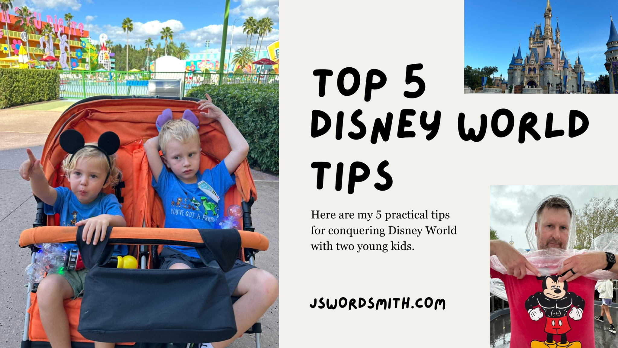 Two young children in matching blue Mickey Mouse shirts sit in an orange double stroller. The child on the left, with blonde hair, wears a headband and points upwards with a serious expression. The child on the right, with light brown hair, wears purple Minnie Mouse ears and rests their arms behind their head, looking slightly bored. The stroller has a black bag attached to the front. In the background, colorful carnival rides and palm trees are visible under a partly cloudy sky. On the right side of the image, there is text that reads: "TOP 5 DISNEY WORLD TIPS" followed by "Here are my 5 practical tips for conquering Disney World with two young kids." Below the text is the website "JSWORDSMITH.COM." At the bottom right, a man in a red Mickey Mouse shirt blows a large bubble with a bubble wand.