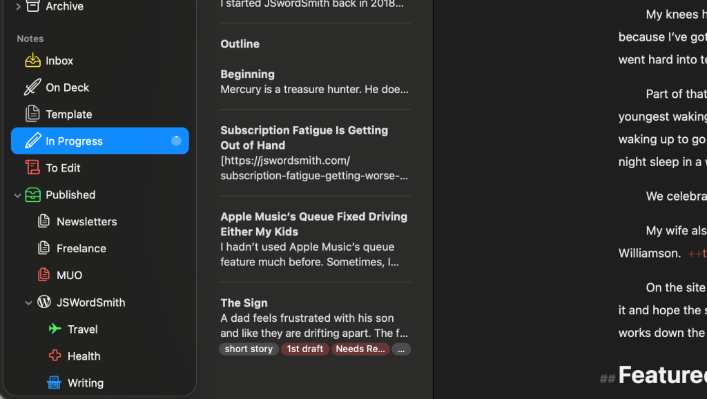 Screenshot of the library of the Ulysses writing app with folders and documents on the left and text on the right.