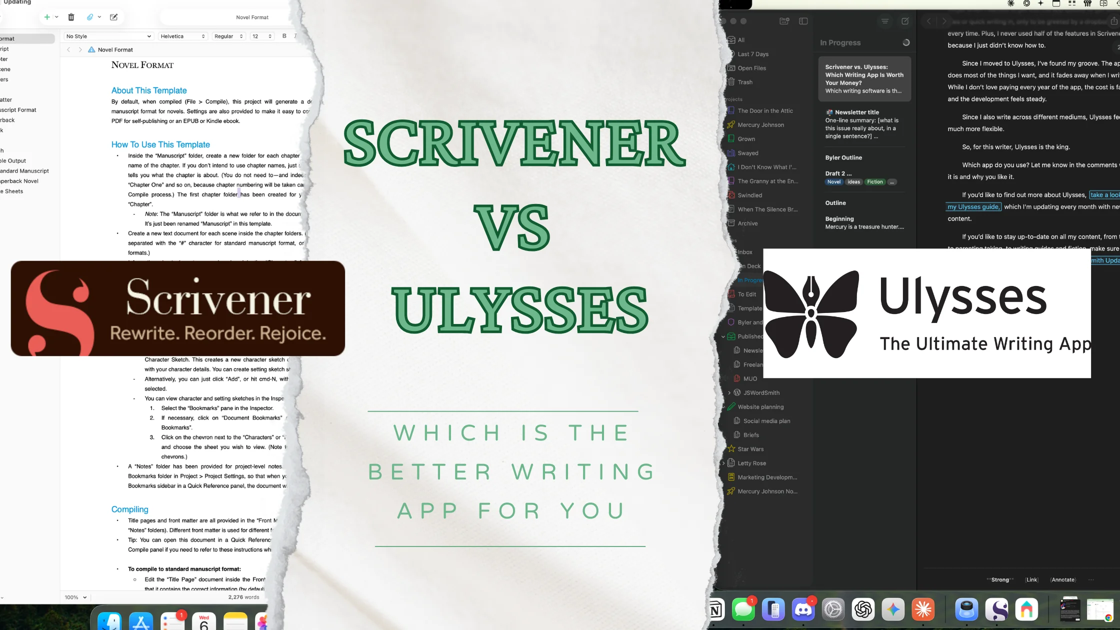 Scrivener vs. Ulysses comparison banner showing both app interfaces side by side with bold headline text overlay.