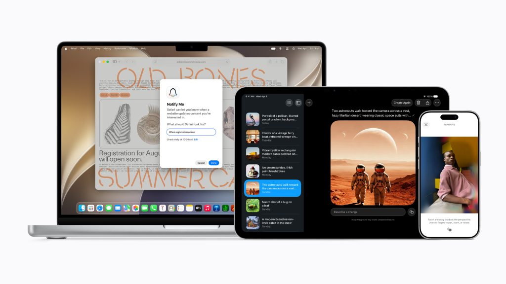 WWDC 2026 For Writers 2 Apple devices displaying notifications, web pages, and image editing apps.