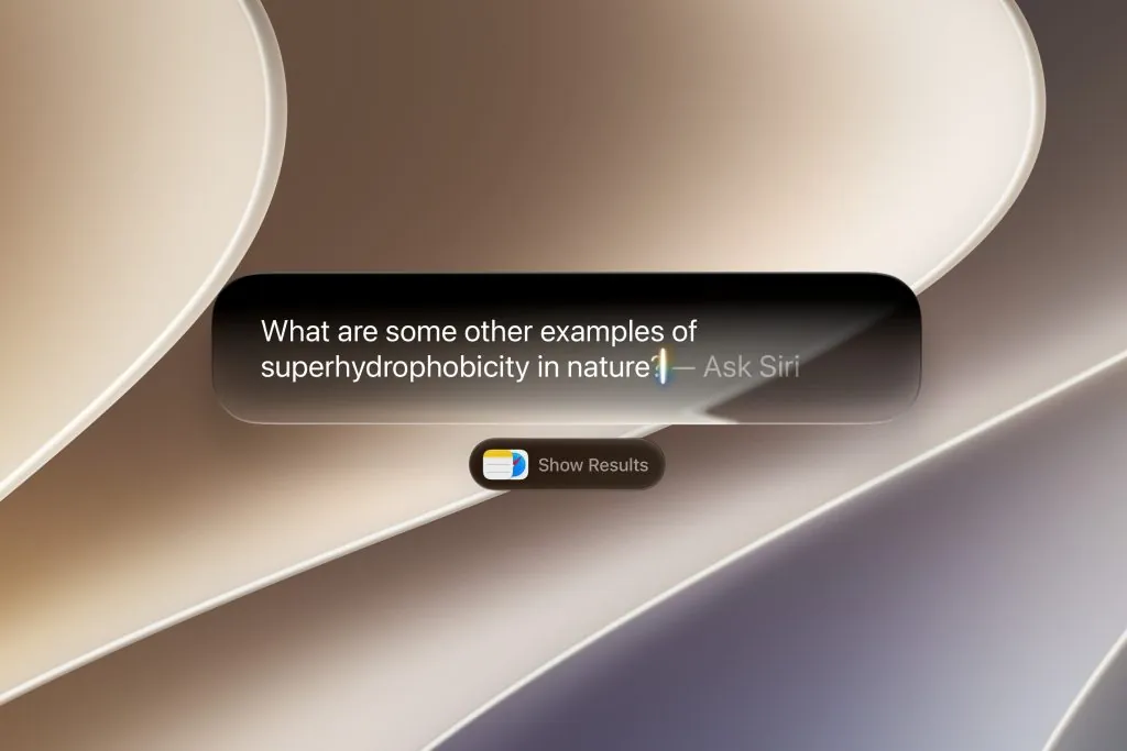 WWDC 2026 For Writers 4 Screenshot of a digital assistant asking about superhydrophobic nature in nature.