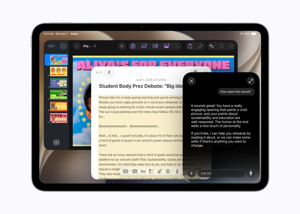 WWDC 2026 For Writers 3 Tablet with note-taking app, Sir AI, using write with Siri, and colorful magazine cover. A new feature announced at WWDC 2026 for writers