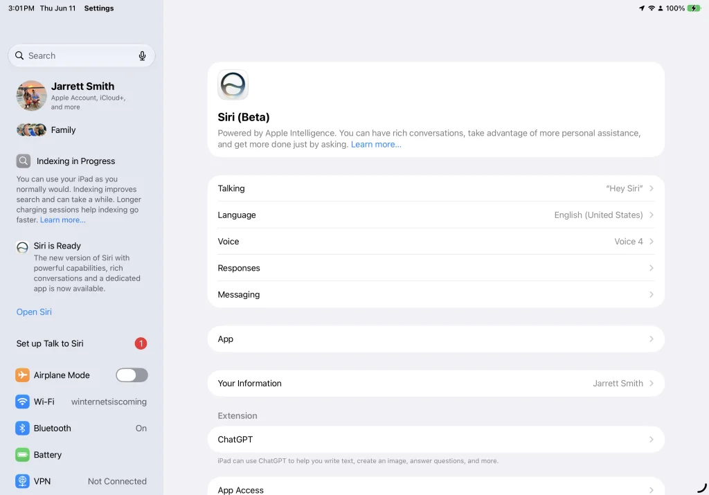 Screenshot of iPhone settings showing Siri (Beta) options and general settings menu.