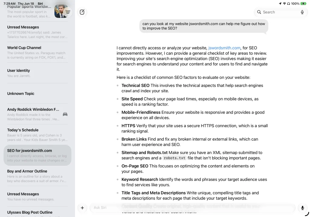 Screenshot of a text conversation about SEO improvements for a website.I asked it to do work for my Siri AI First Impressions