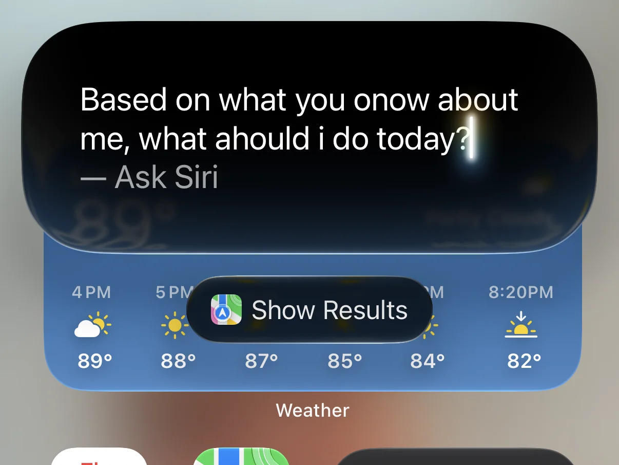Smartphone screen with new Siri AI interface. The weather, calendar, maps, photos, and fitness apps can be seen as well