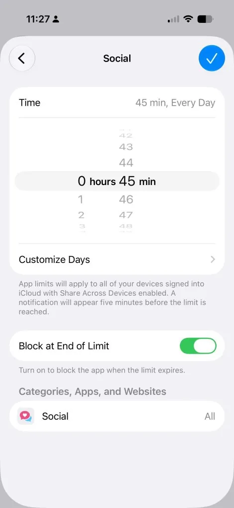 Setting a 45-minute daily time limit on social media apps using iPhone Screen Time.
