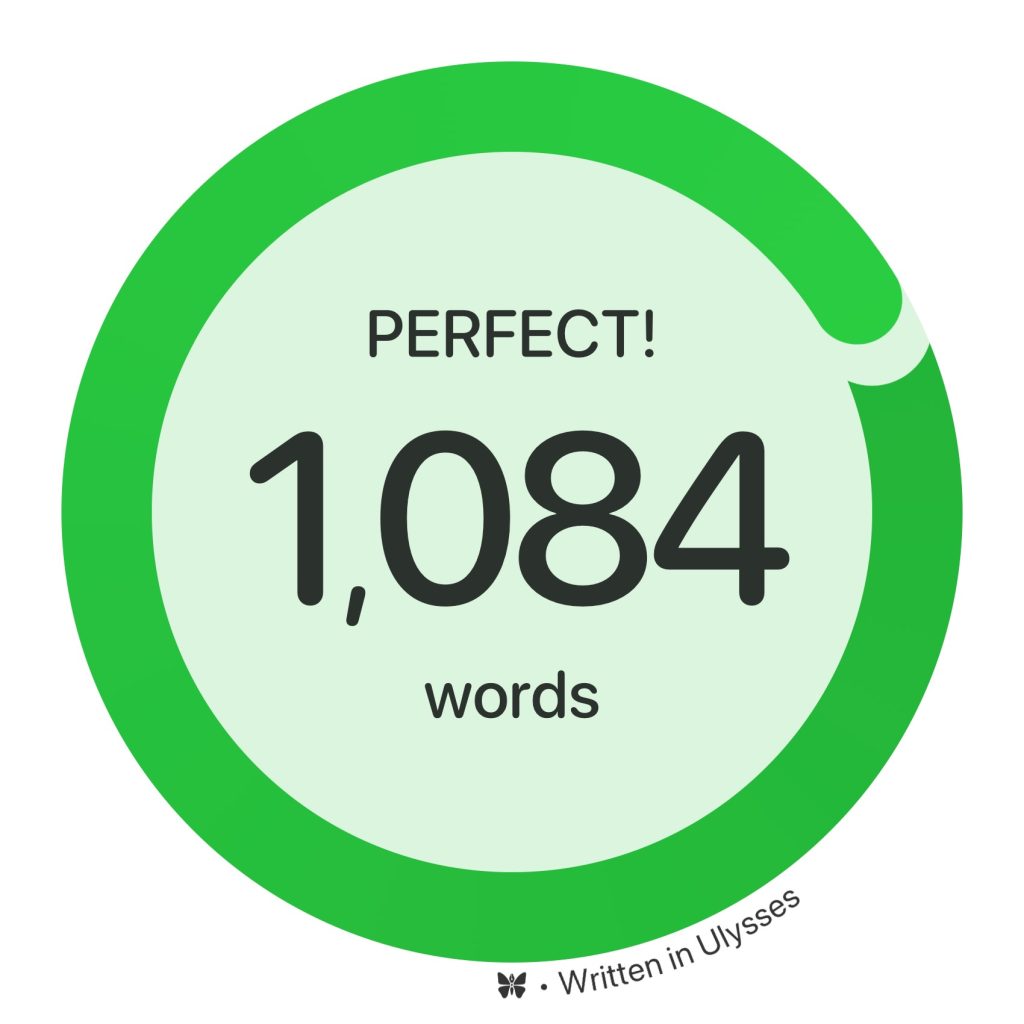 How To Set Goals In Ulysses 3 A green circular progress ring with the text "PERFECT! 1,084 words" in the center, indicating a completed writing set goal in Ulysses.