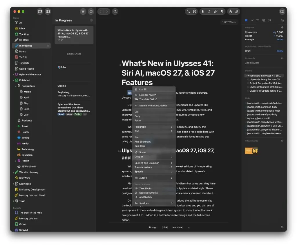 A screenshot of the Ulysses 41 app interface showing the new Siri AI features and context menu options.