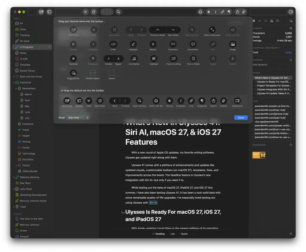 Customizing the toolbar in Ulysses 41, showcasing new features for macOS 27, iOS 27, and Siri AI.